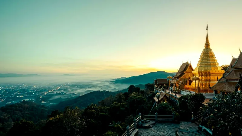 Golden chedi of Doi Suthep temple above a misty Chiang Mai valley at sunrise