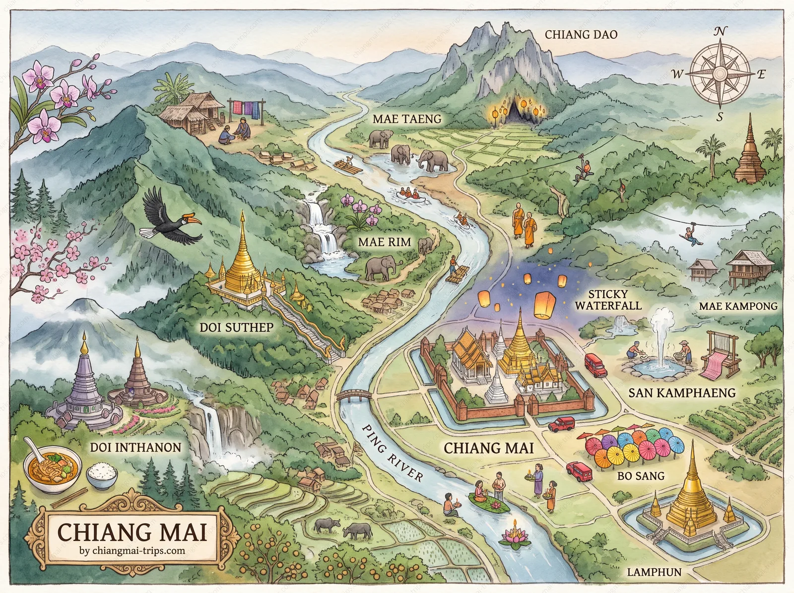 Illustrated map of Chiang Mai and its mountains: old city, hill temples, highest peak, elephant valleys, waterfalls and craft villages.