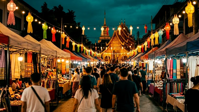 Sunday Walking Street market stalls under warm lanterns at evening