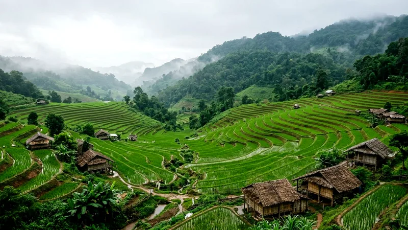 Green rice terraces with bamboo huts and misty hills near Doi Inthanon