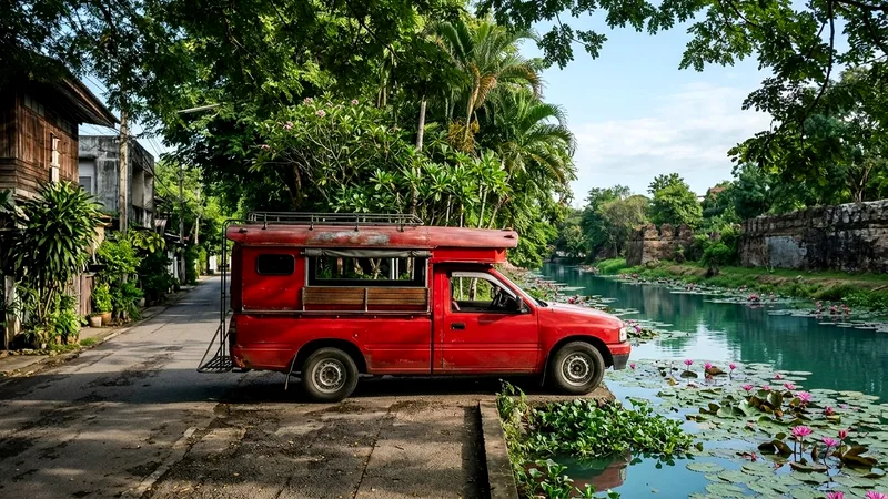 Red songthaew truck parked beside the tree-lined Chiang Mai moat